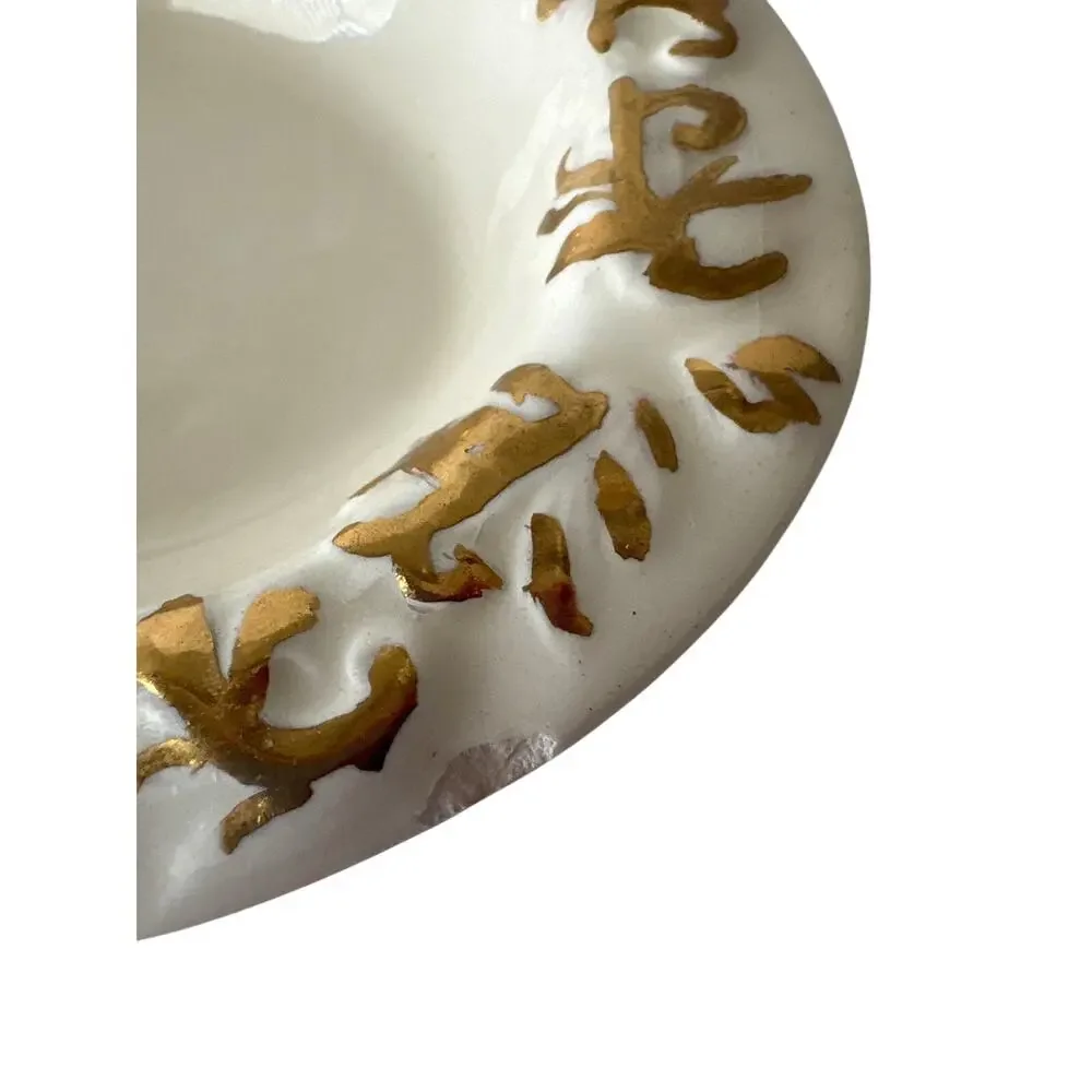 Vintage Ivory Ceramic Catchall Trinket Dish Raised Gold Gilt Footed Oval 6”